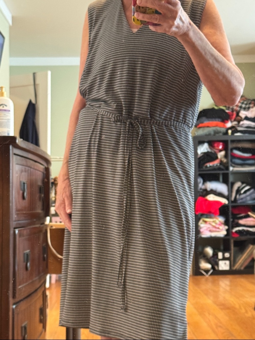 Ann Taylor Black Sleeveless Midi Dress with Subtle Stripes